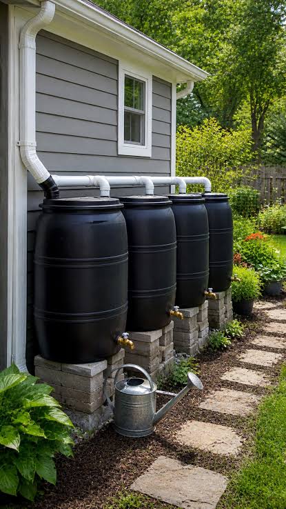 Clean black rain barrels connected to a house gutter system